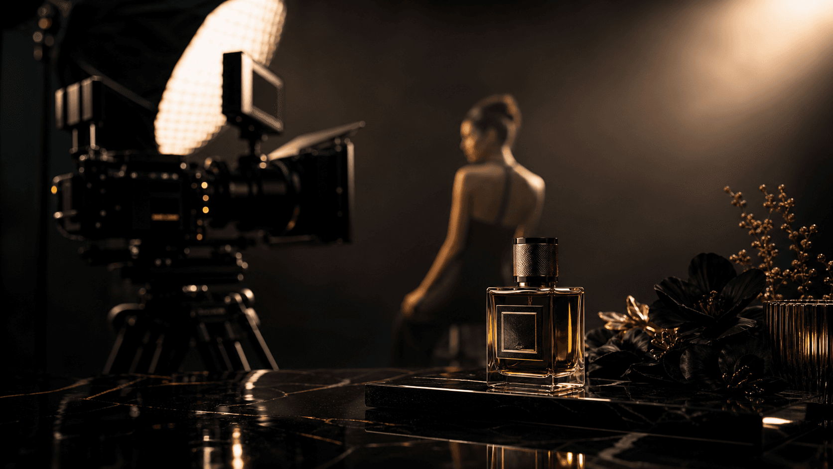 A cinematic product shoot with a camera, warm lighting, and a blurred figure