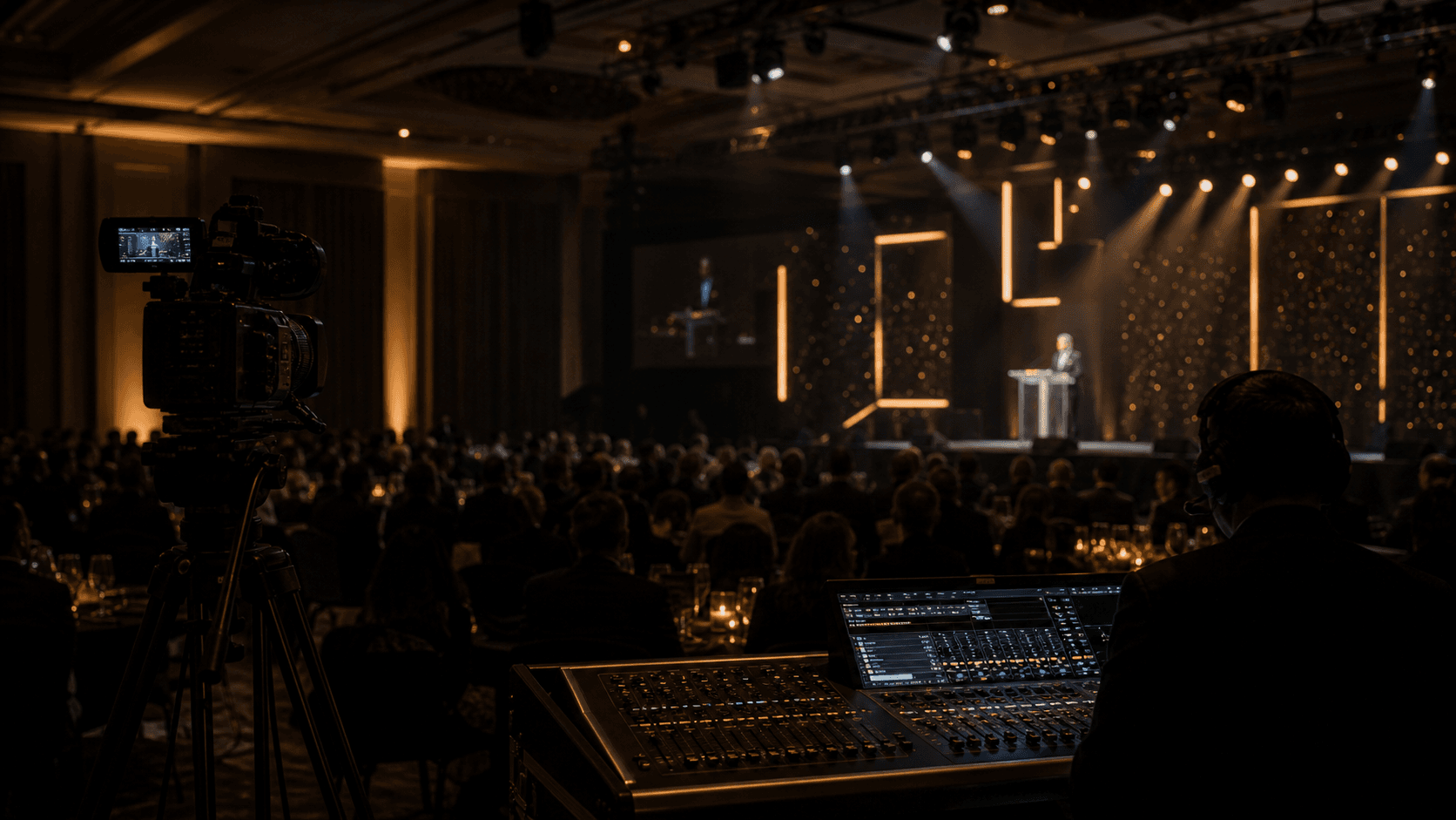 A camera operator and audio engineer covering a corporate gala