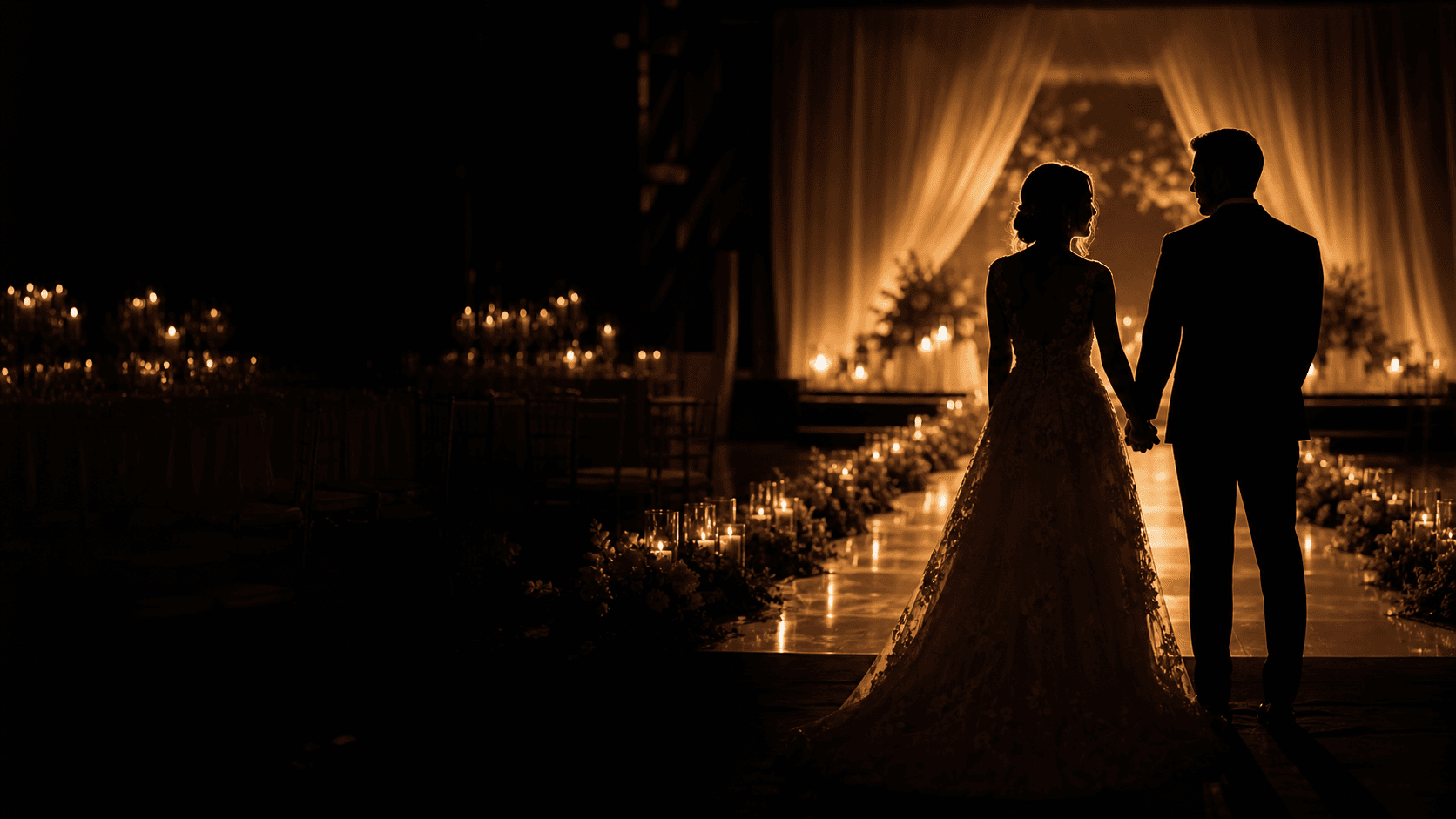 A couple holding hands beneath a candlelit arch